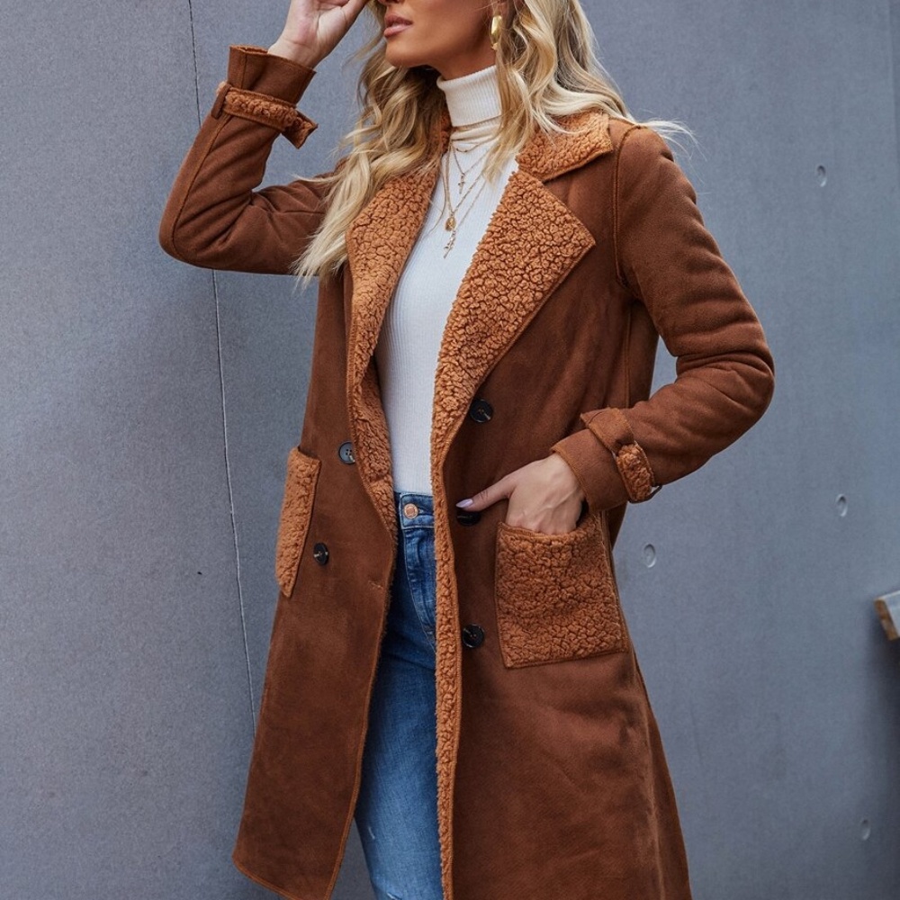 vegan suede rust teddy shearling lined trench coat - Picture 2 of 6
